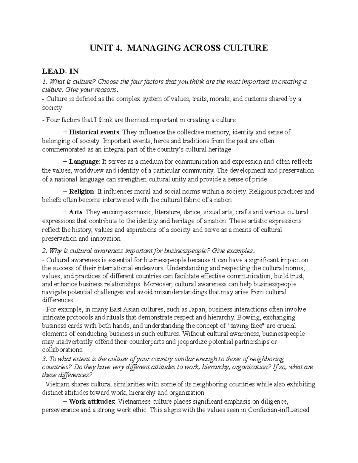 Managing Across Culture - UNIT 4 (ESP111) Insights and Guidelines - Studocu