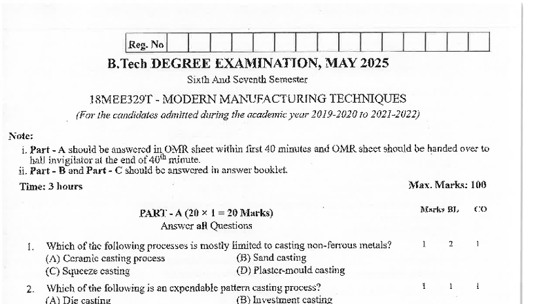 18MEE329T Modern Manufacturing Techniques Exam Paper - May 2025 - Studocu