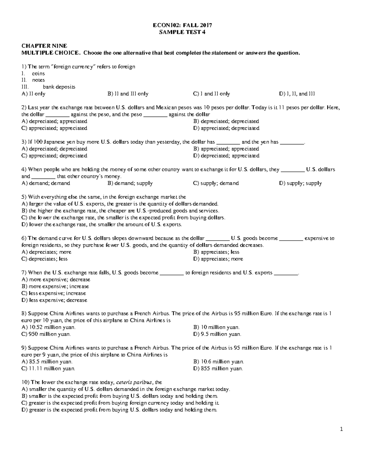 Econ 102 Sample Test 4: Key Concepts & Multiple Choice Questions - Studocu