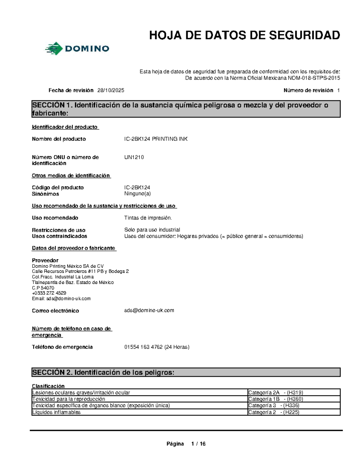 Hoja de Datos de Seguridad - Tintas de Impresión UN1210 (IC-2BK124 ...