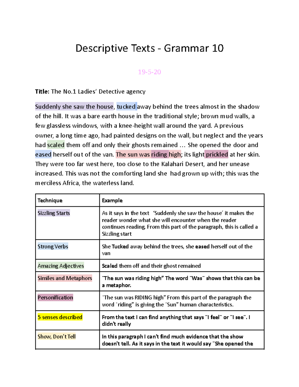 Descriptive Texts Techniques Analysis - Grammar 10 - Studocu