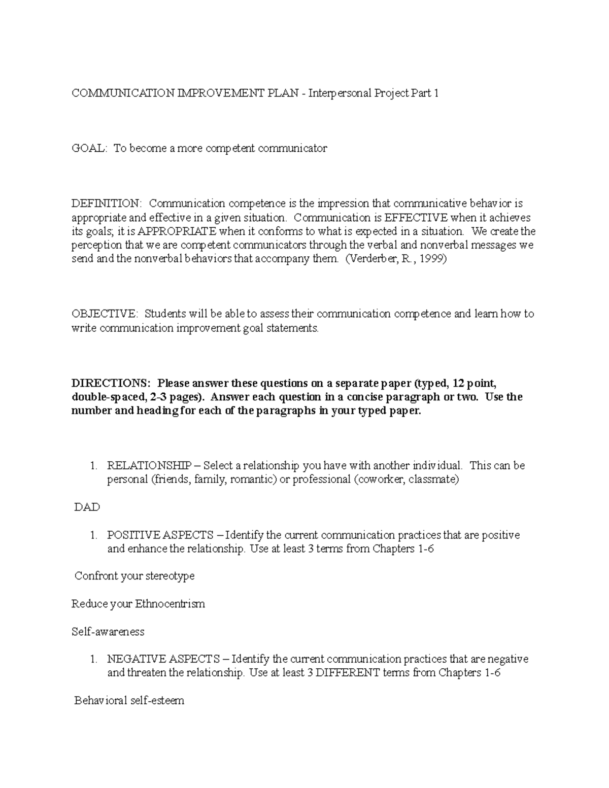 Communication Improvement PLAN - Interpersonal Project Part 1 Guide ...