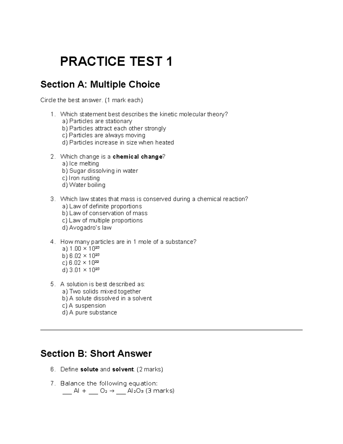 CHEM 101: Practice Test 1 - Multiple Choice & Short Answer - Studocu