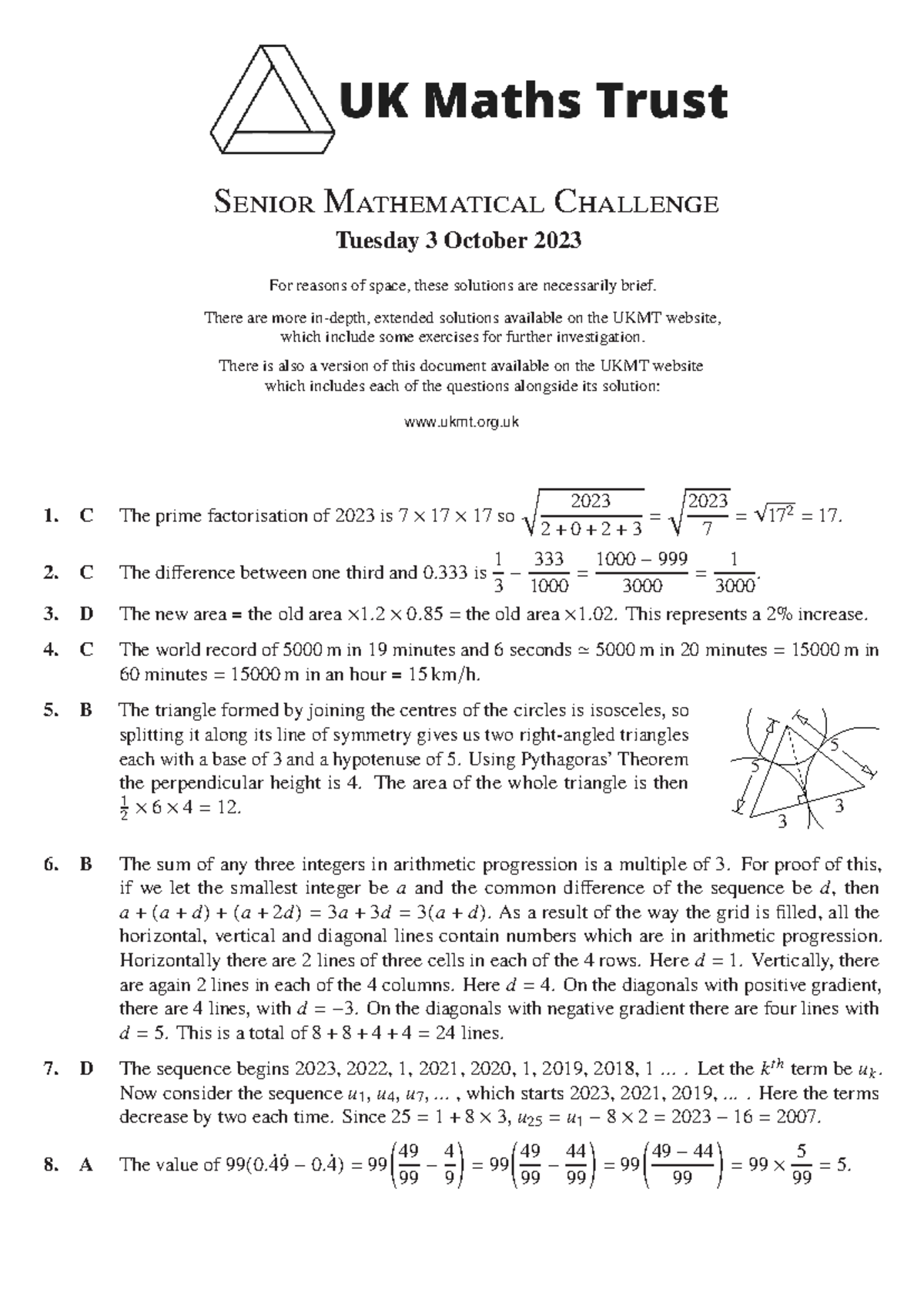 SMC-2023-Senior Mathematical Challenge Solutions and Explanations - Studocu