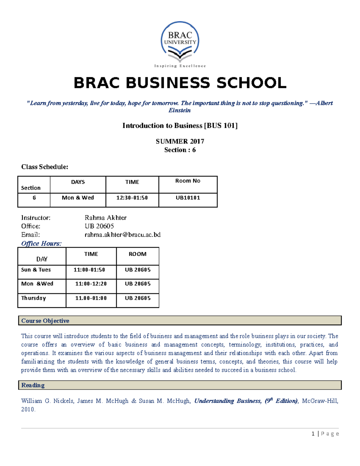 BUS 101 - Business Course Outline and Schedule for Summer 2017 - Studocu