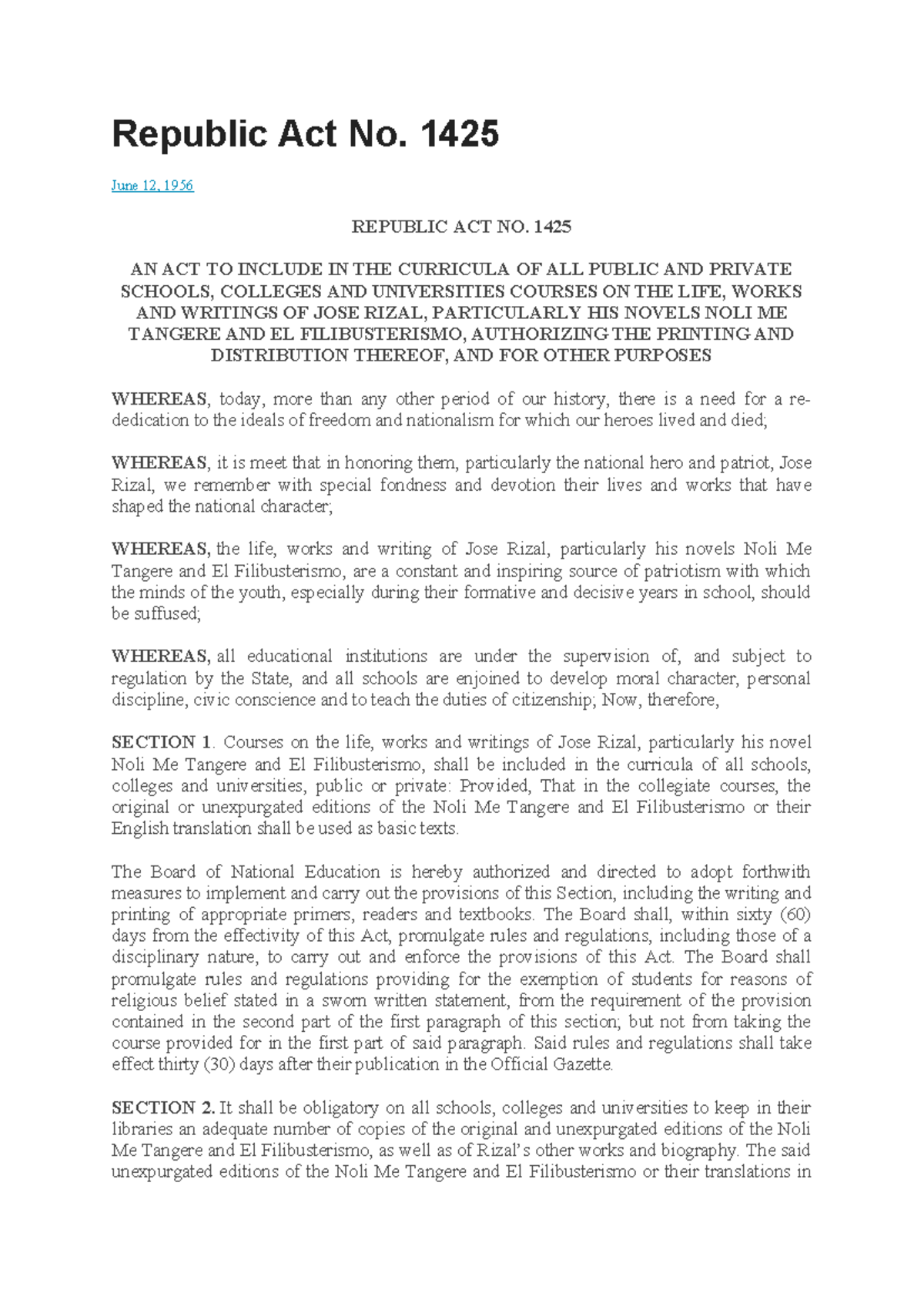 Republic Act No. 1425: Mandating Rizal's Works in Education - Studocu
