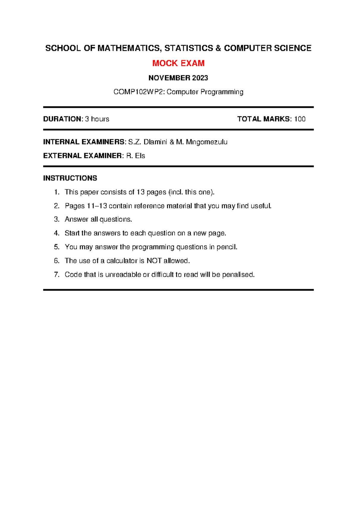 Mock Exam 2023: COMP102WP2 Computer Programming - Studocu