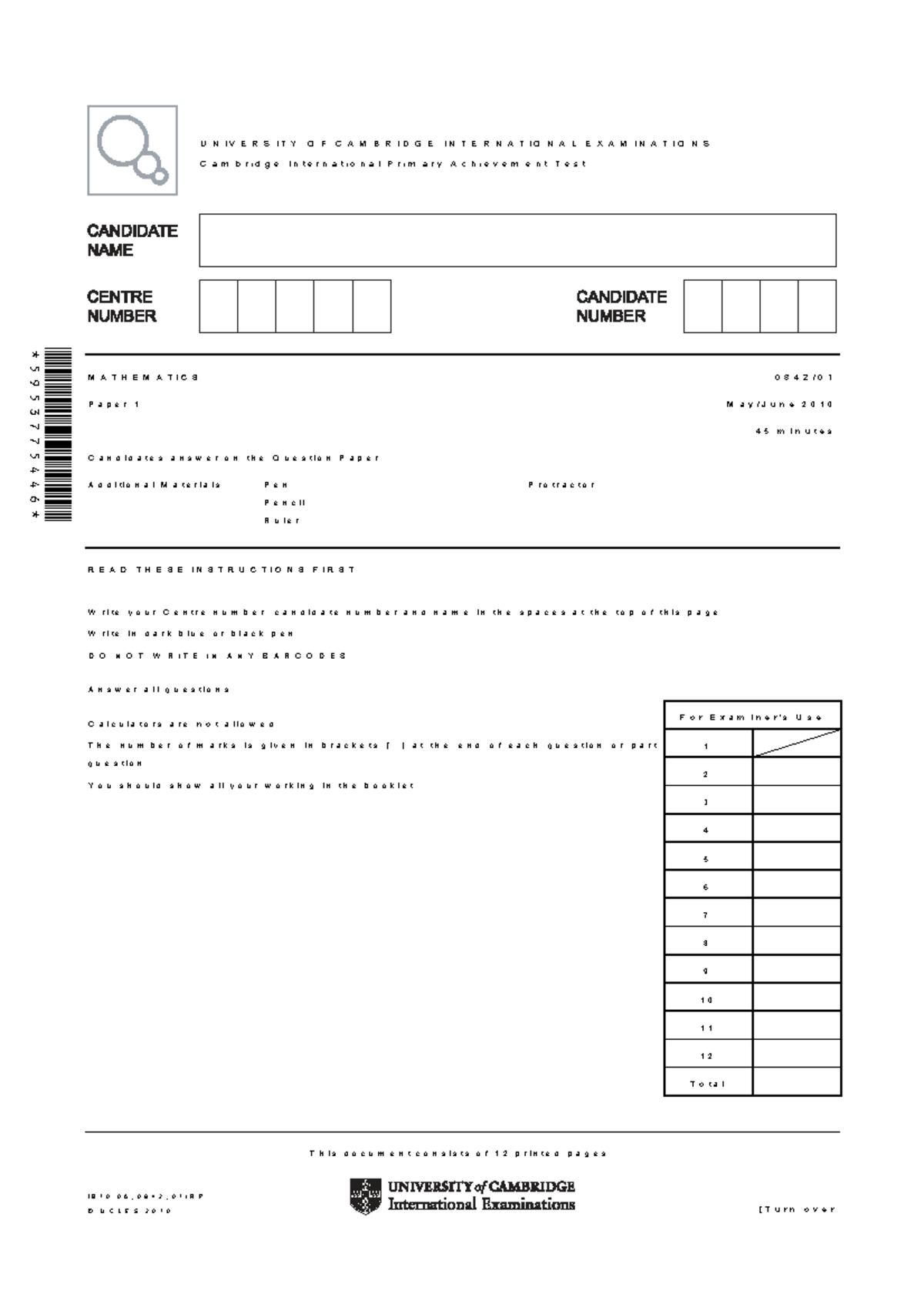 Cambridge International Primary Achievement Test: Math Paper 1 (2010 ...
