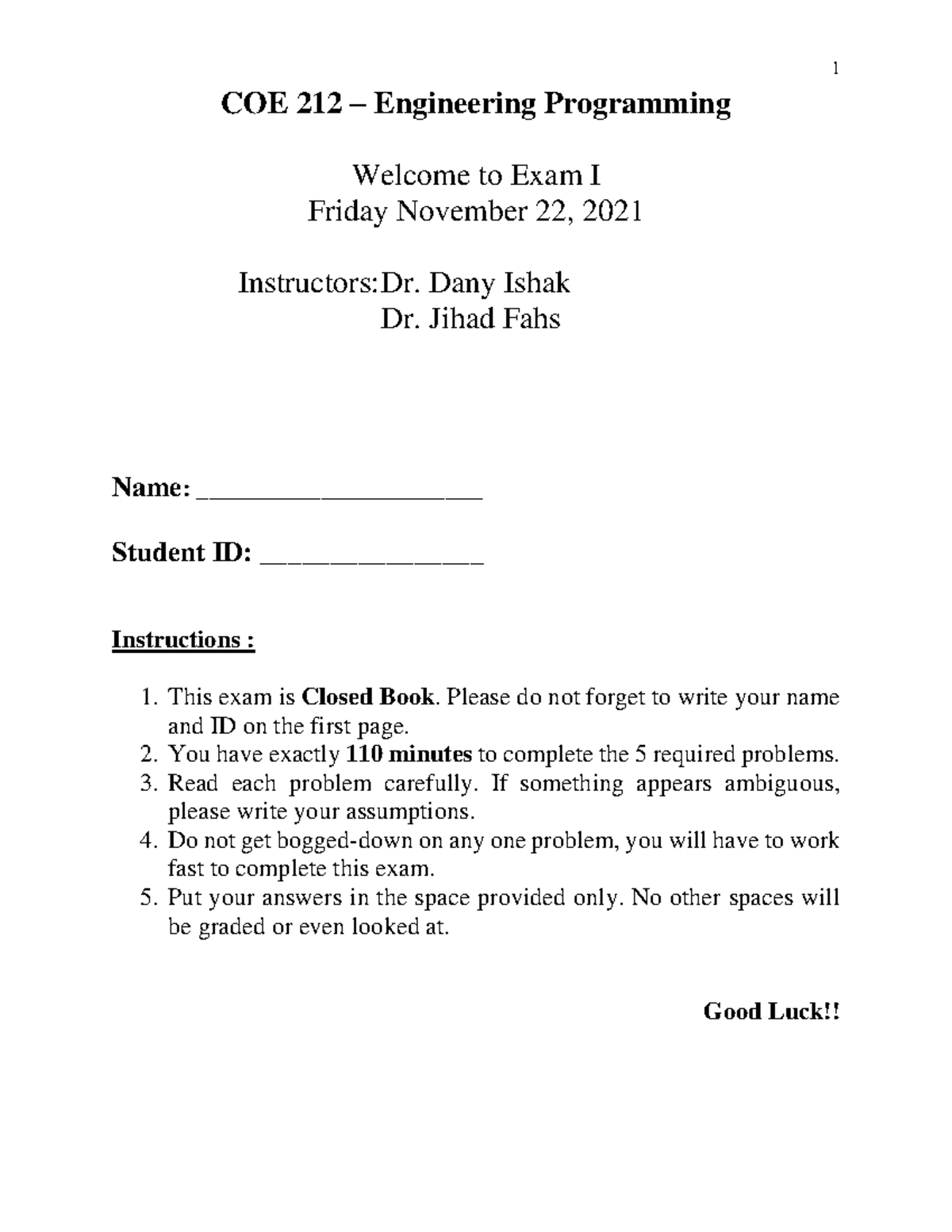 COE 212 Engineering Programming Exam I Solutions - Fall 2021 - Studocu