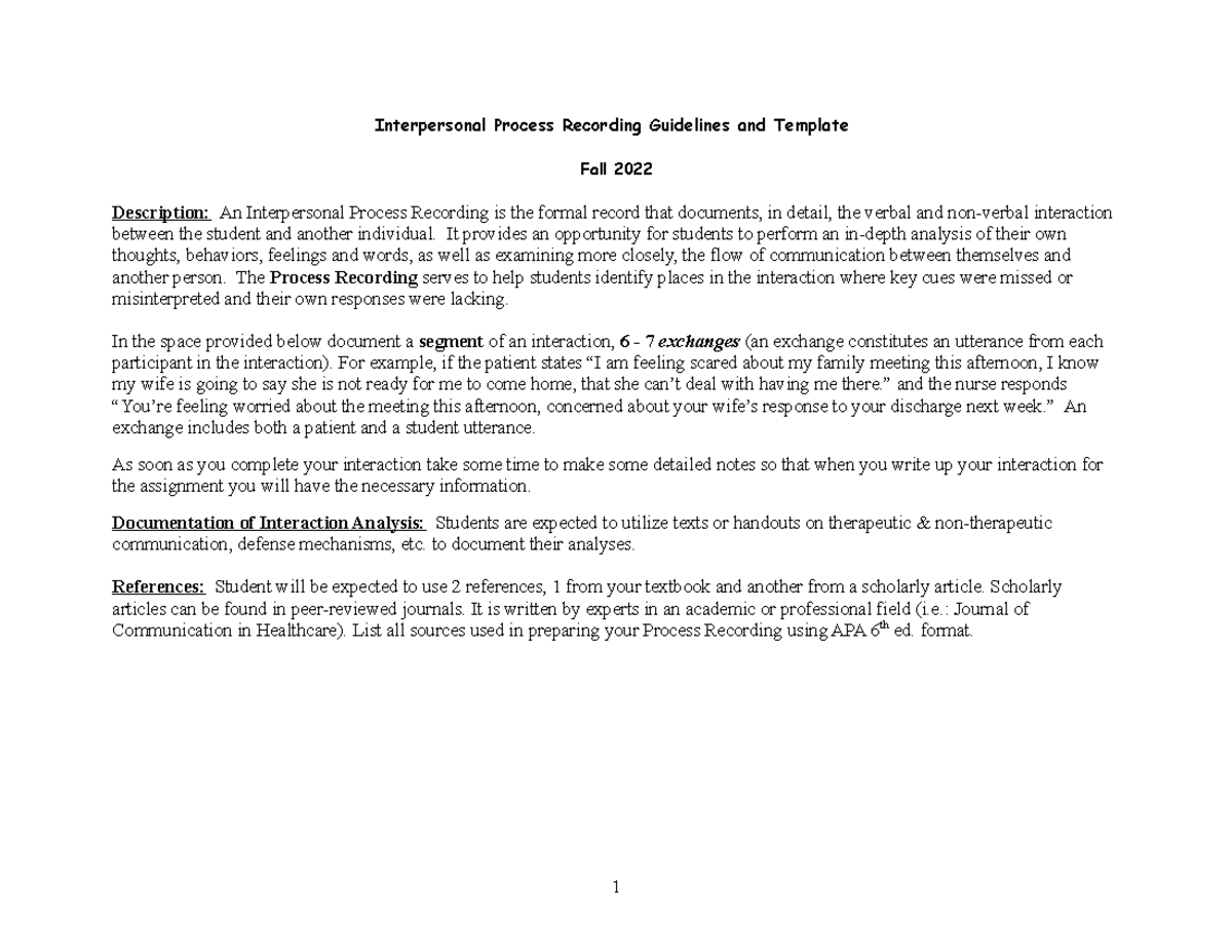 Process Recording Guidelines and Template Fall 2022 - Interpersonal ...