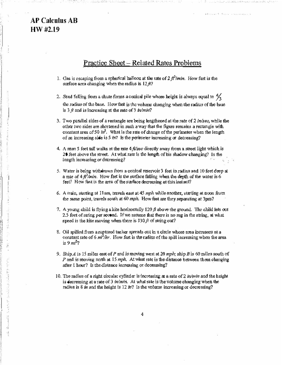 AP Calculus AB Chapter 2 HW 13: Related Rates Problems - Studocu