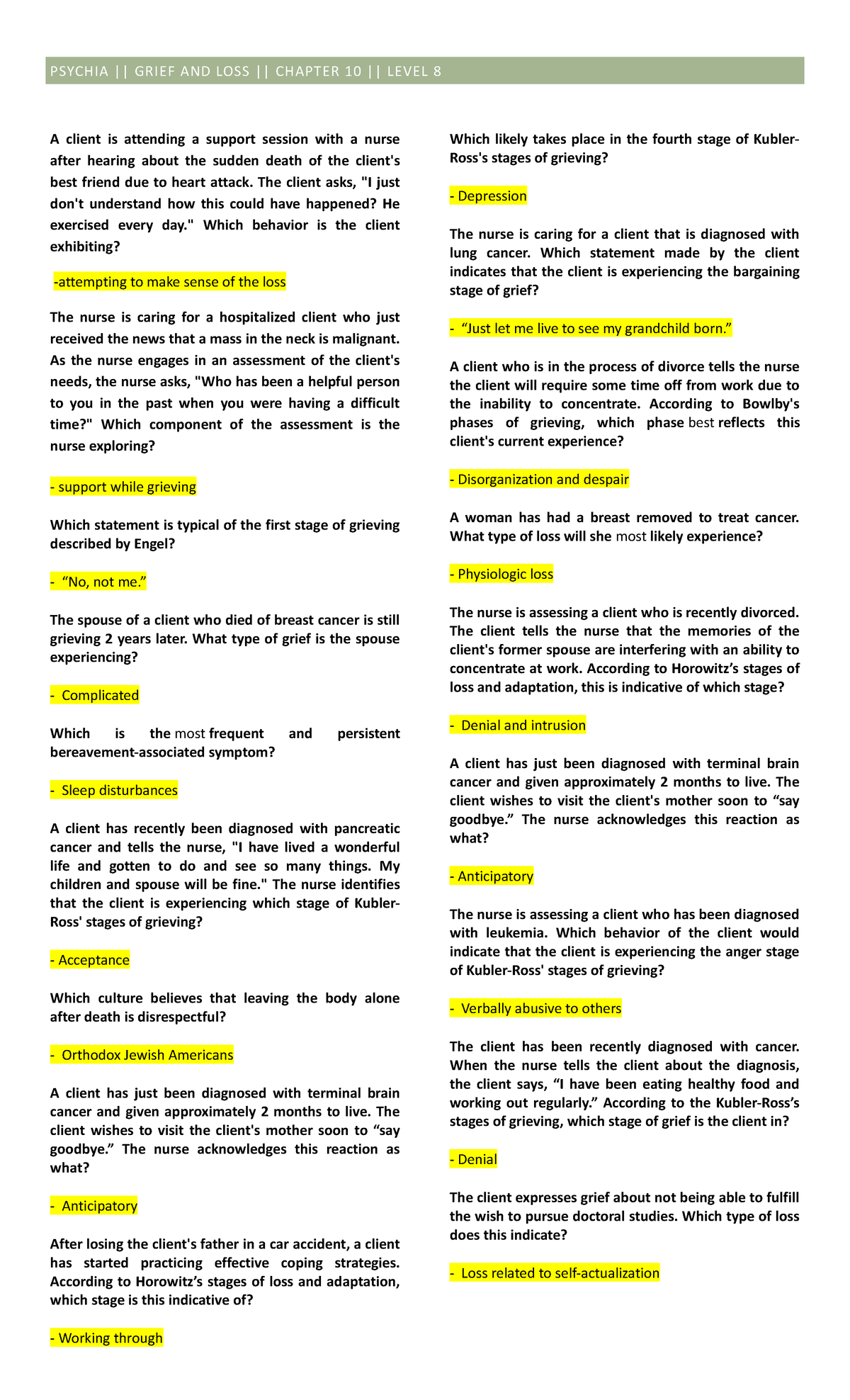 nursing practice - PSYCHIA || GRIEF AND LOSS || CHAPTER 10 || LEVEL 8 A ...