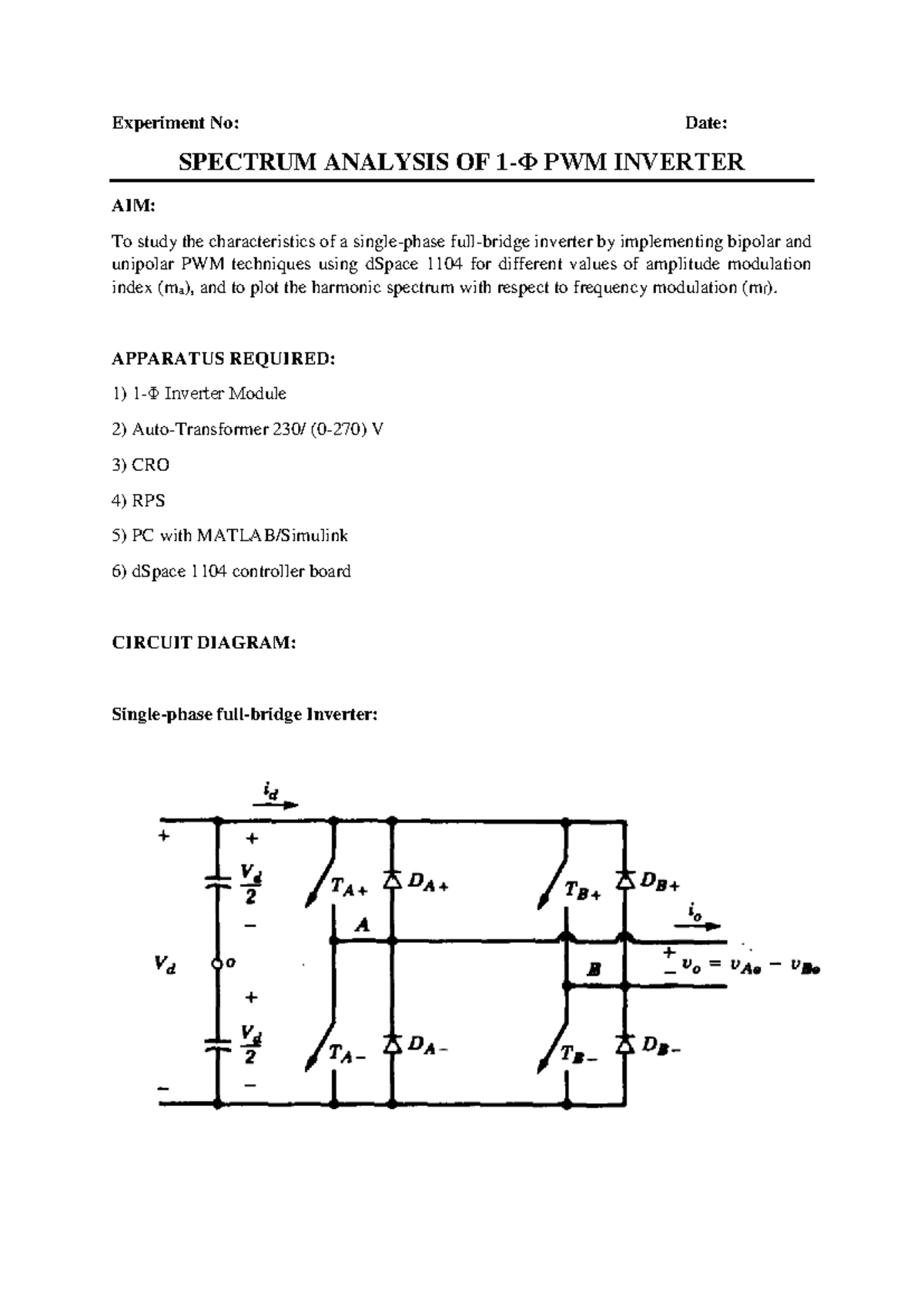 SPECTRUM ANALYSIS OF PWM INVERTER - EXPERIMENT NO: 1 - Studocu