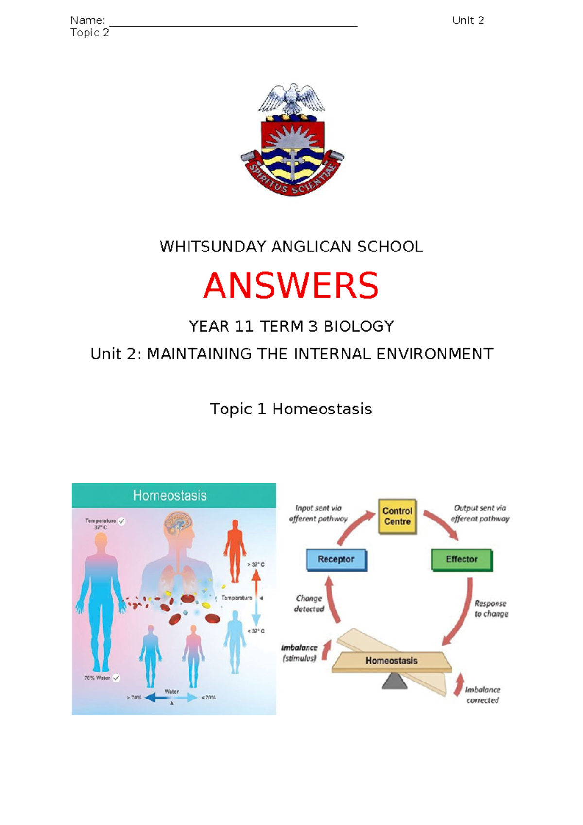 Year 11 Biology U2T1 Homeostasis Notes & Answers 2025 - Studocu