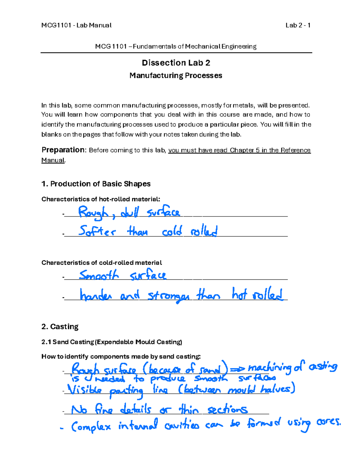 MCG1101 Lab Manual - Lab 2: Manufacturing Processes Overview - Studocu