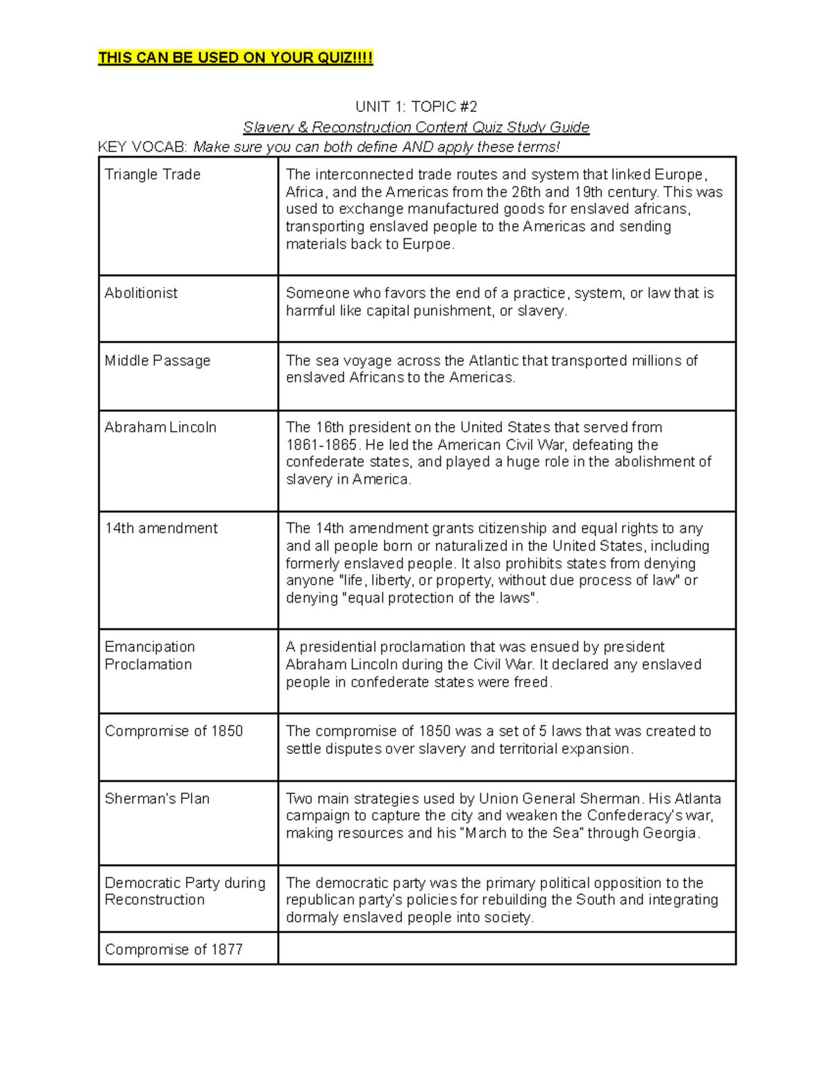 Slavery & Reconstruction Study Guide: Key Terms for Quiz - Studocu
