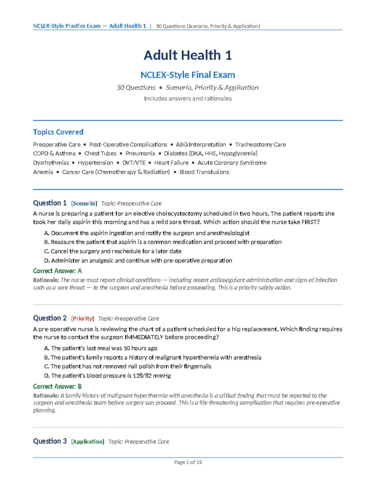 AH1 Final Exam Practice: 50 Questions on Adult Health (Scenarios ...