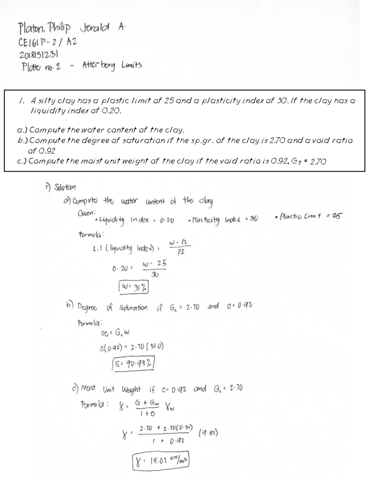 Sample problems - A silty clay has a plastic limit of 25 and a ...