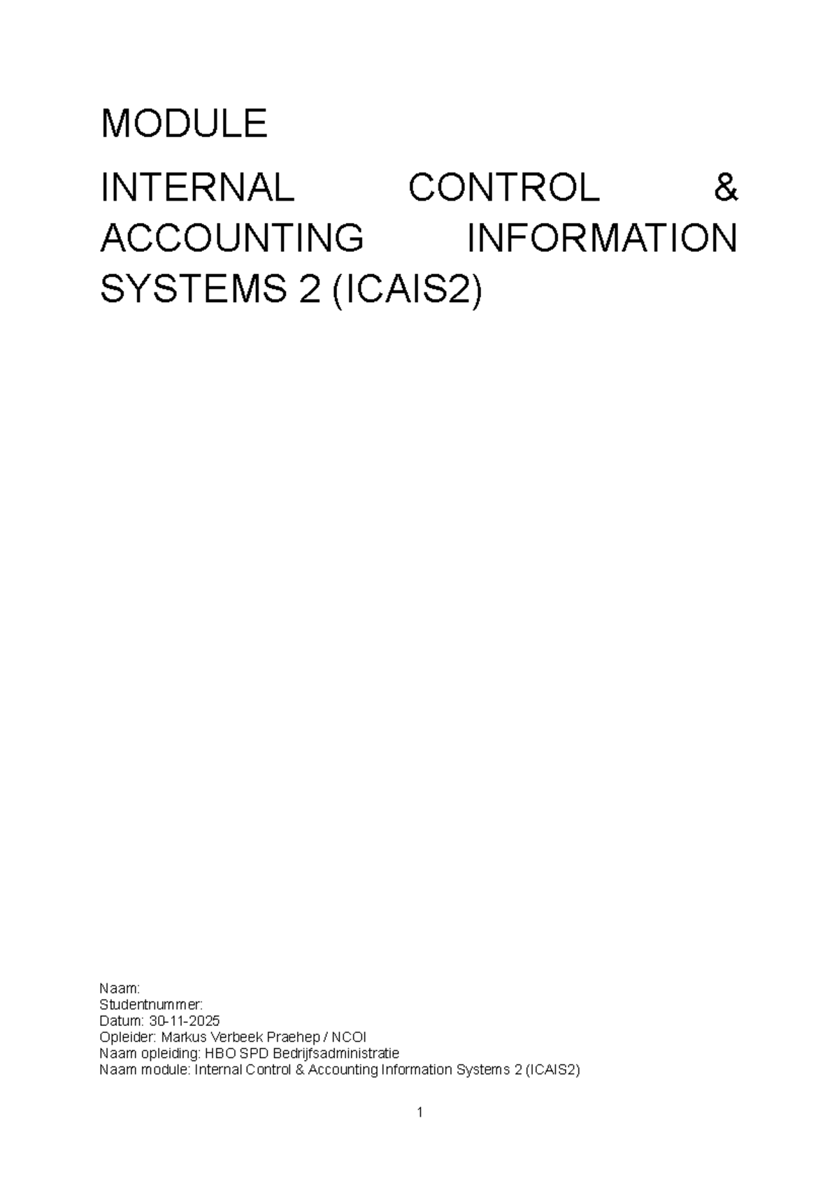 Moduleopdracht Internal Control & Accounting Information Systems 2 ...