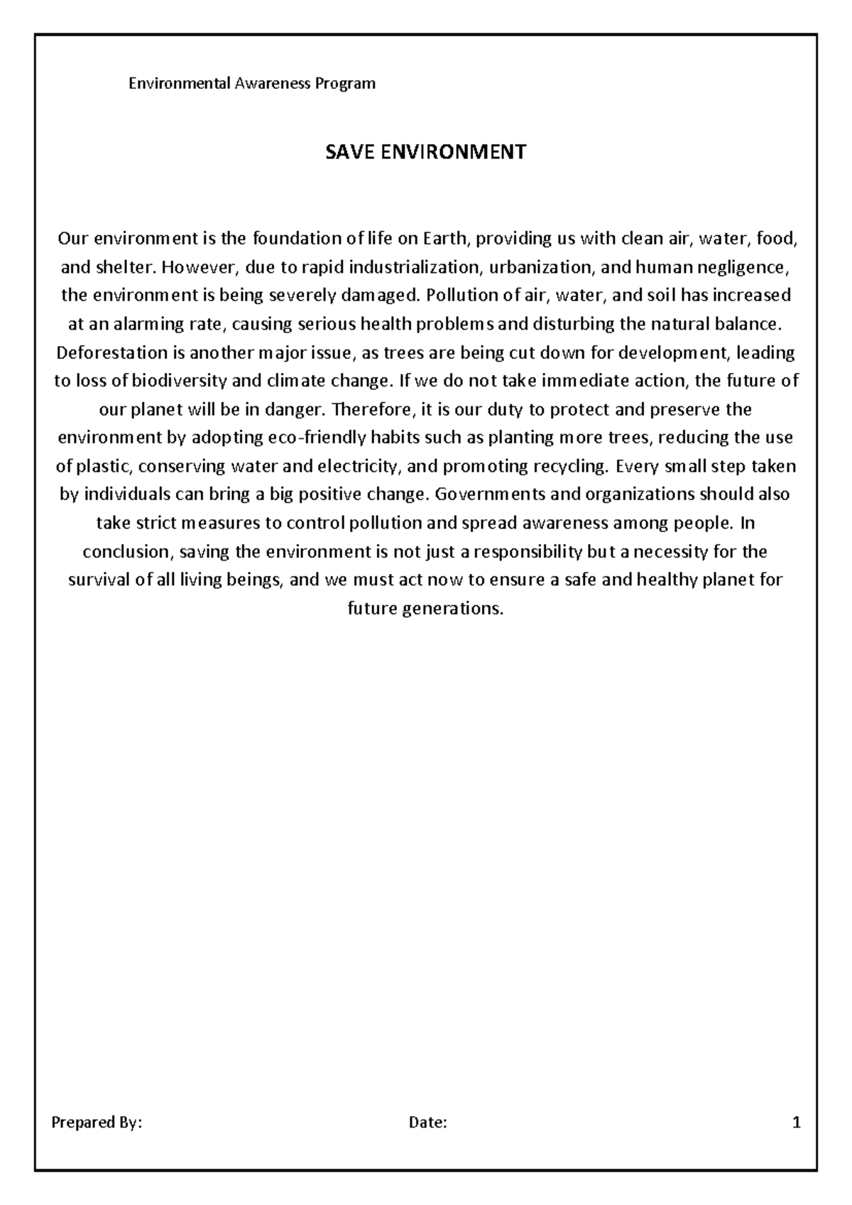 Environmental Awareness Program: SAVE ENVIRONMENT - BBA - Studocu