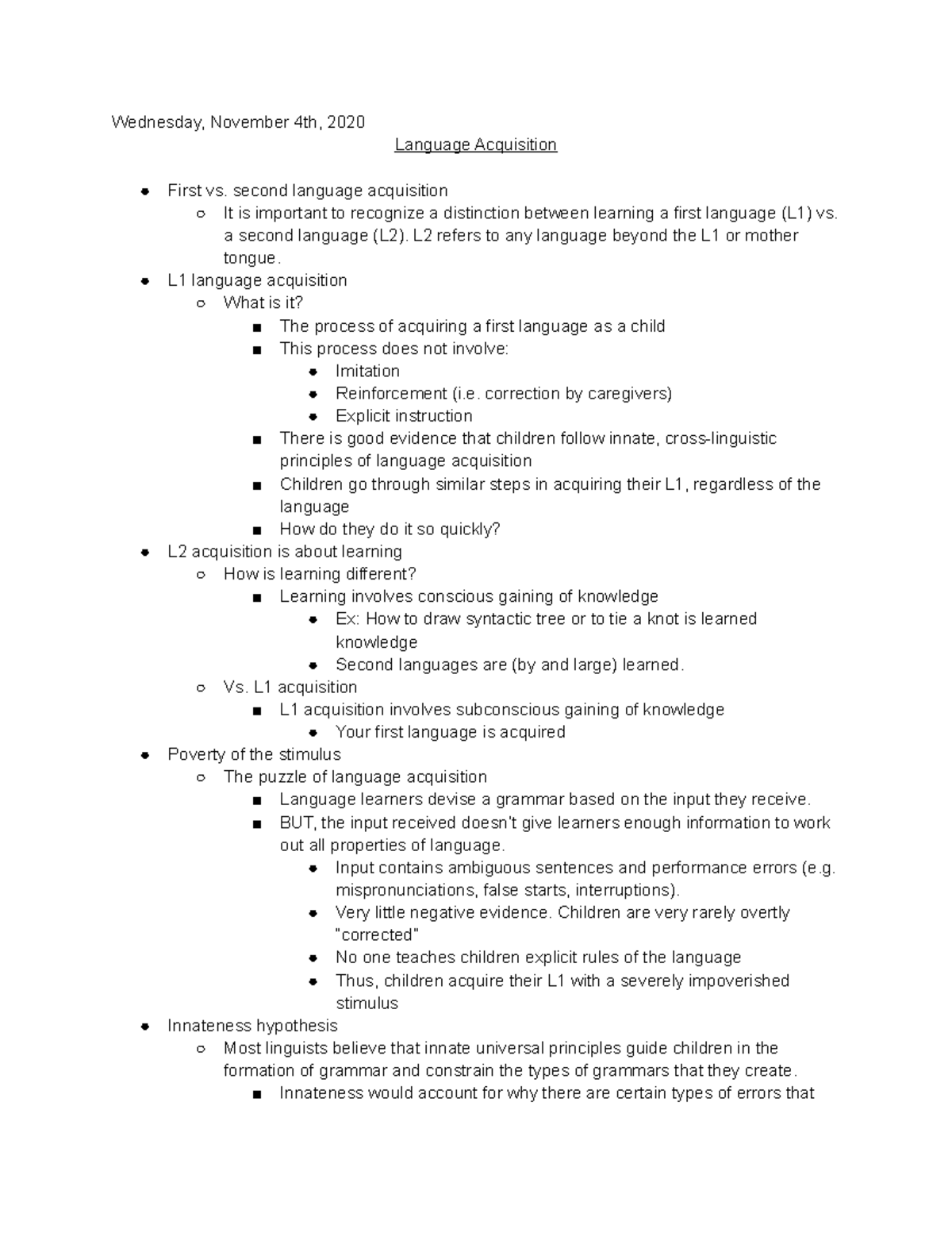 Class Notes on Language Acquisition: L1 vs. L2 Insights - Studocu