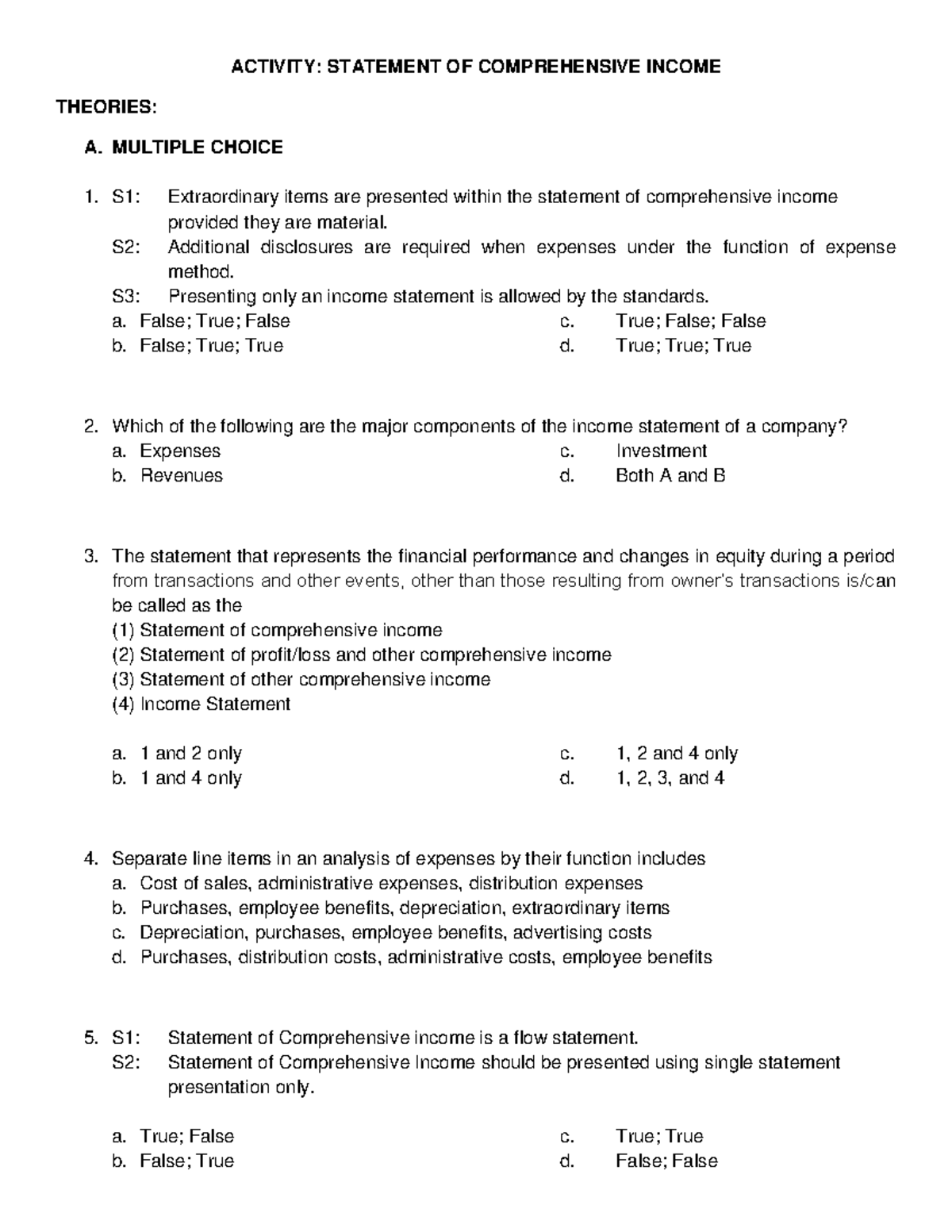 INTACC3 Activity: Statement of Comprehensive Income Exercises and ...