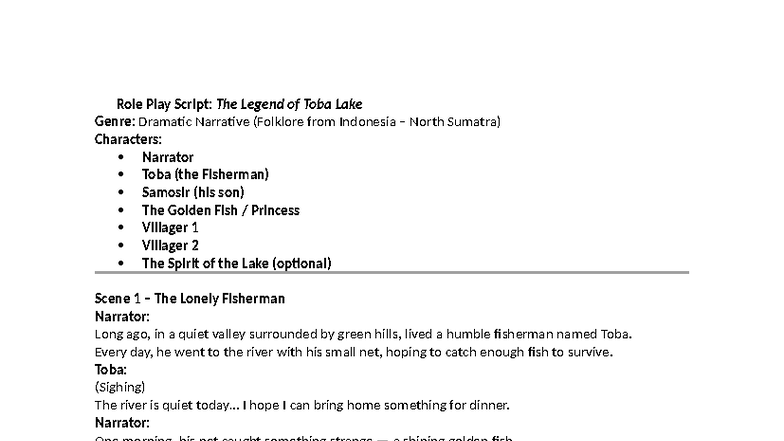 🎭 Role Play Script: The Legend of Toba Lake (ABCDS) - Studocu