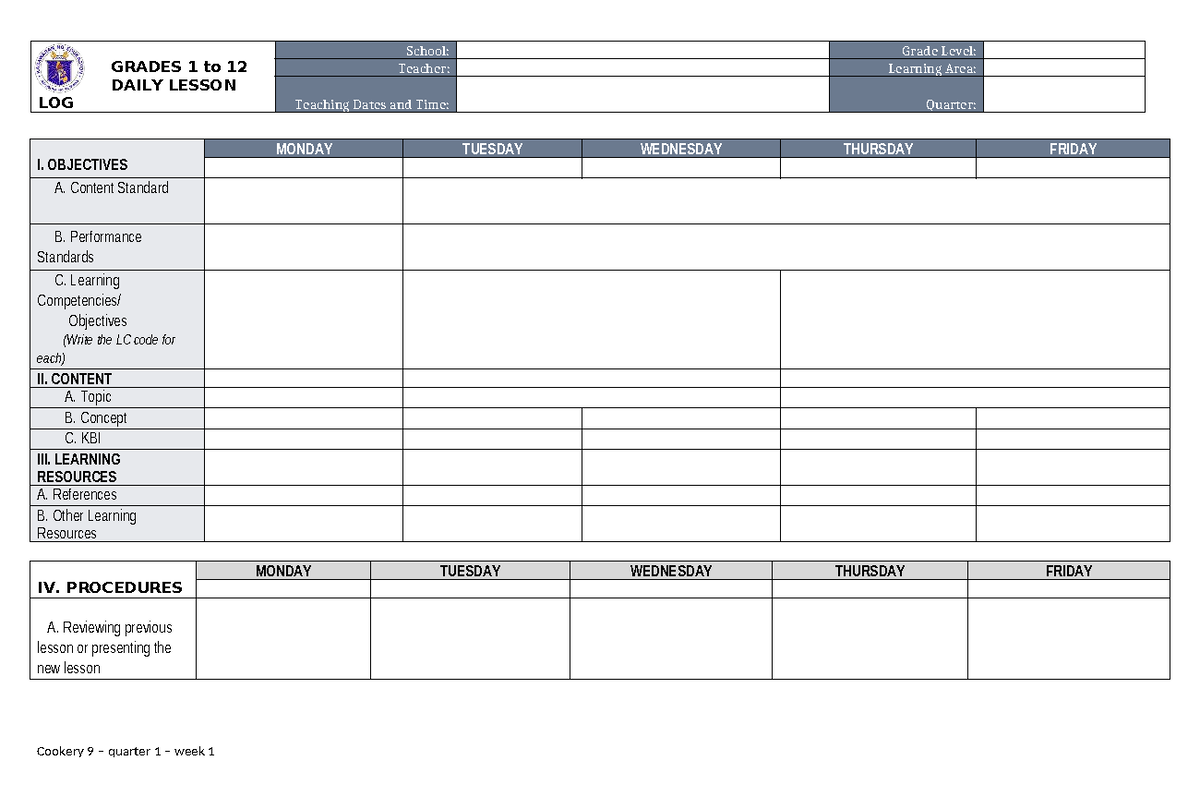DLL TLE - Cookery 9 Daily Lesson Plan Q1 W1 - Studocu