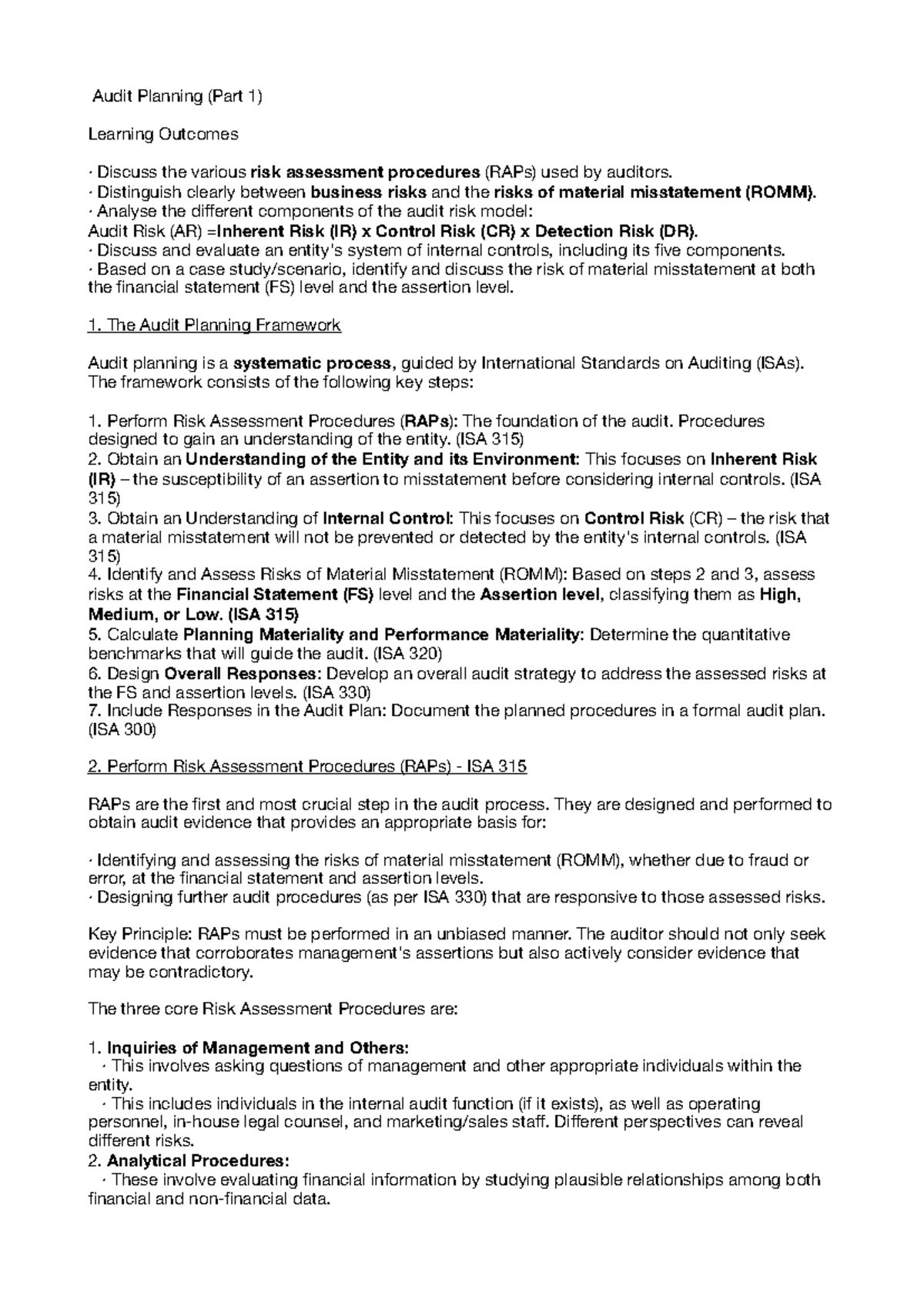 Audit Planning Notes: Risk Assessment Procedures (RAPs) and ROMM ...