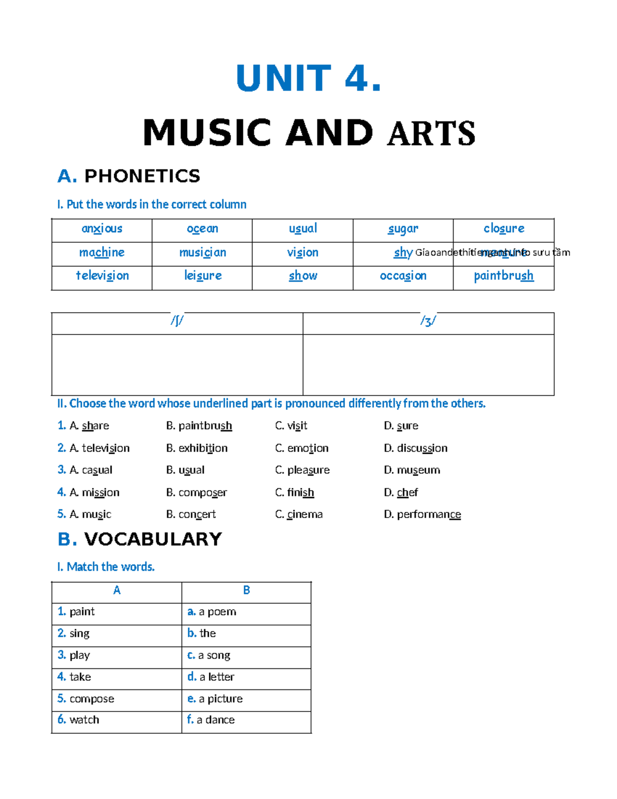 Bài tập bổ trợ Anh 7 Global Bùi Văn Vinh có key. UNIT 4. Music AND ARTS ...