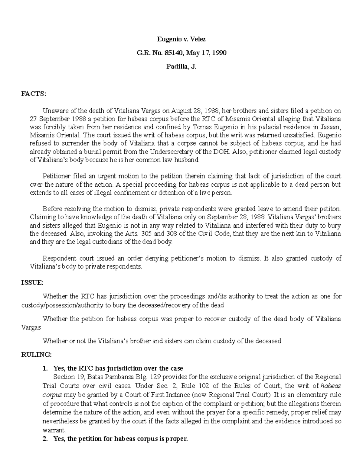 Eugenio v. Velez - Case Digest Assignment for Law 101 (G.R. No. 85140 ...