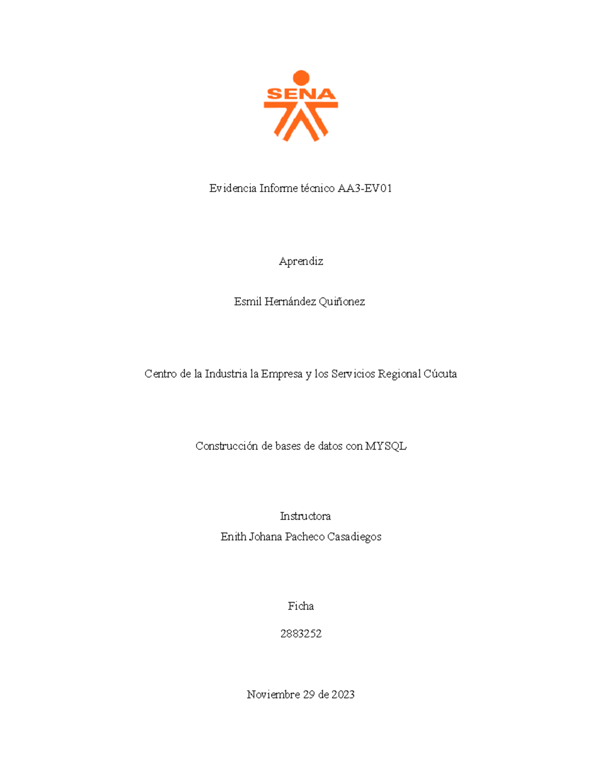 Informe Técnico sobre Construcción de Bases de Datos con MySQL AA3-EV01 - Document Preview