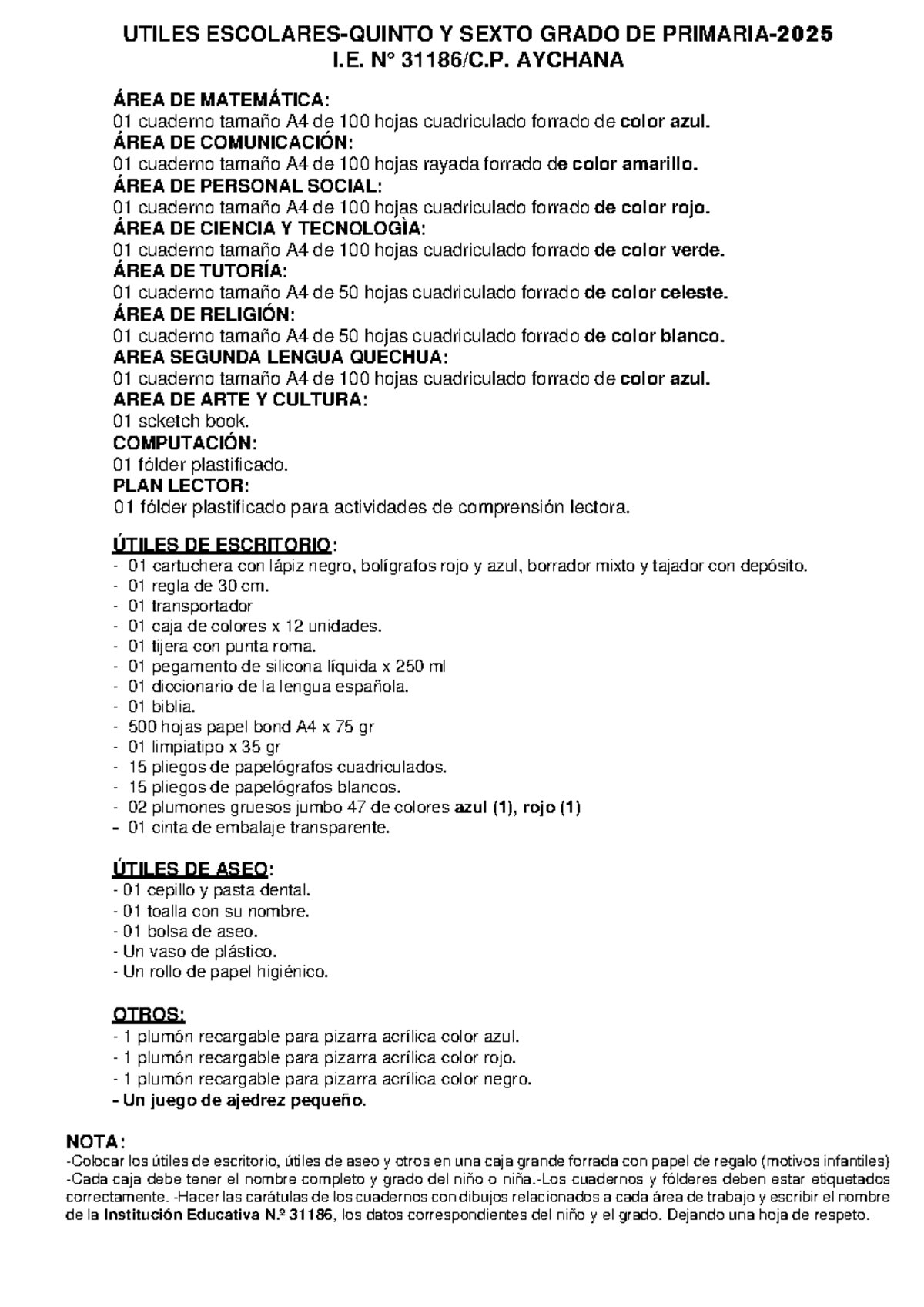 Lista de Útiles Escolares V Ciclo 2025 - IE 31186 - Studocu