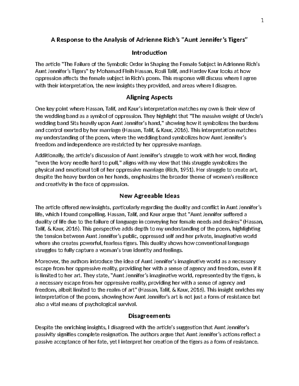 Critical Response to a Literary Analysis - 1 A Response to the Analysis ...