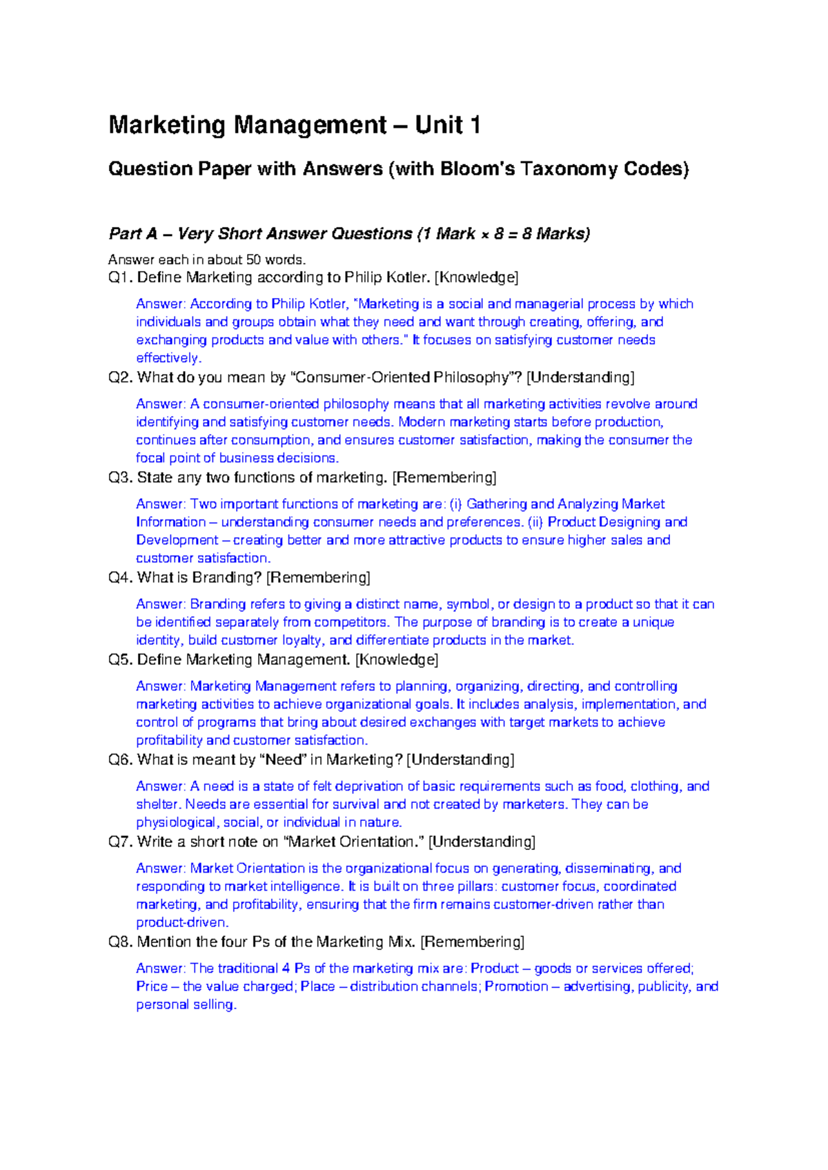 Marketing Management Unit 1 Q&A Paper with Taxonomy Codes - Studocu