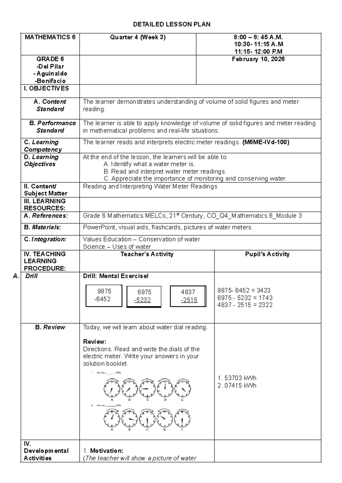Mathematics 6 Lesson Plan: Water Meter Reading (Q4, Week 3) - Studocu