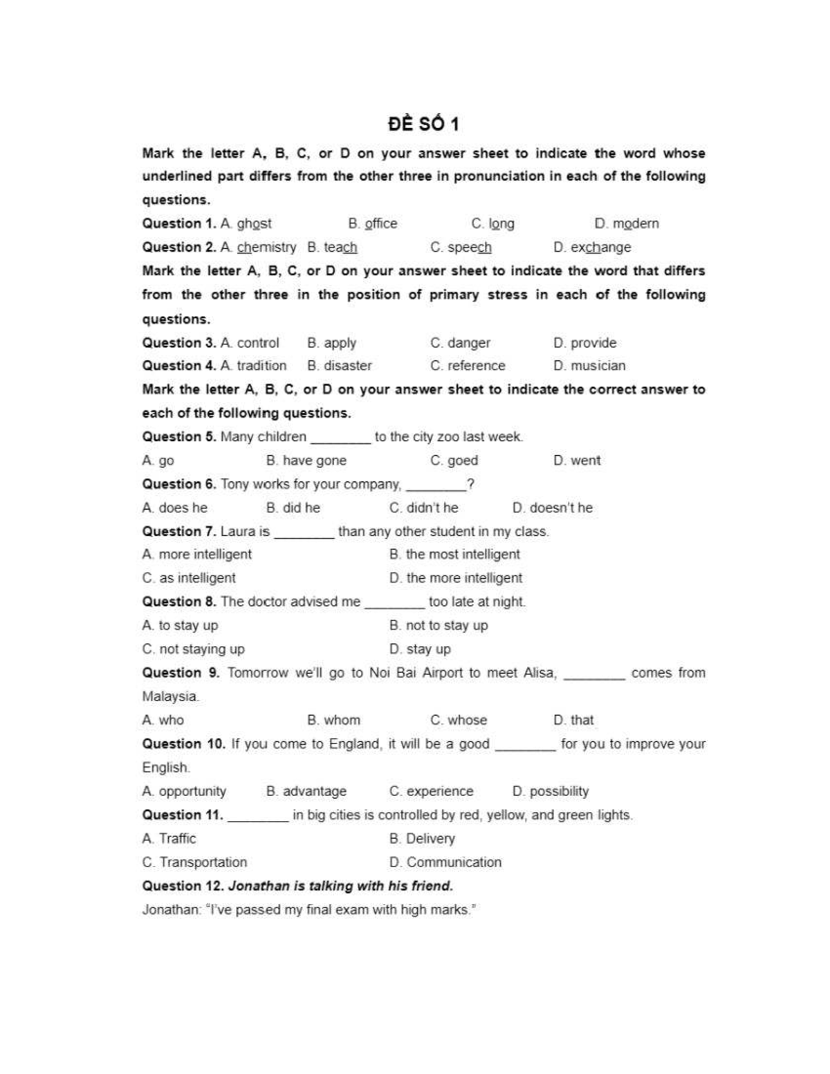 Đề 1 - Practice Questions for English Pronunciation and Comprehension ...