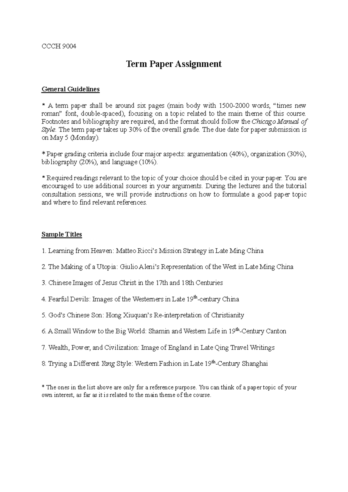 9004 Term Paper Assignment: Guidelines & Sample Titles - Studocu