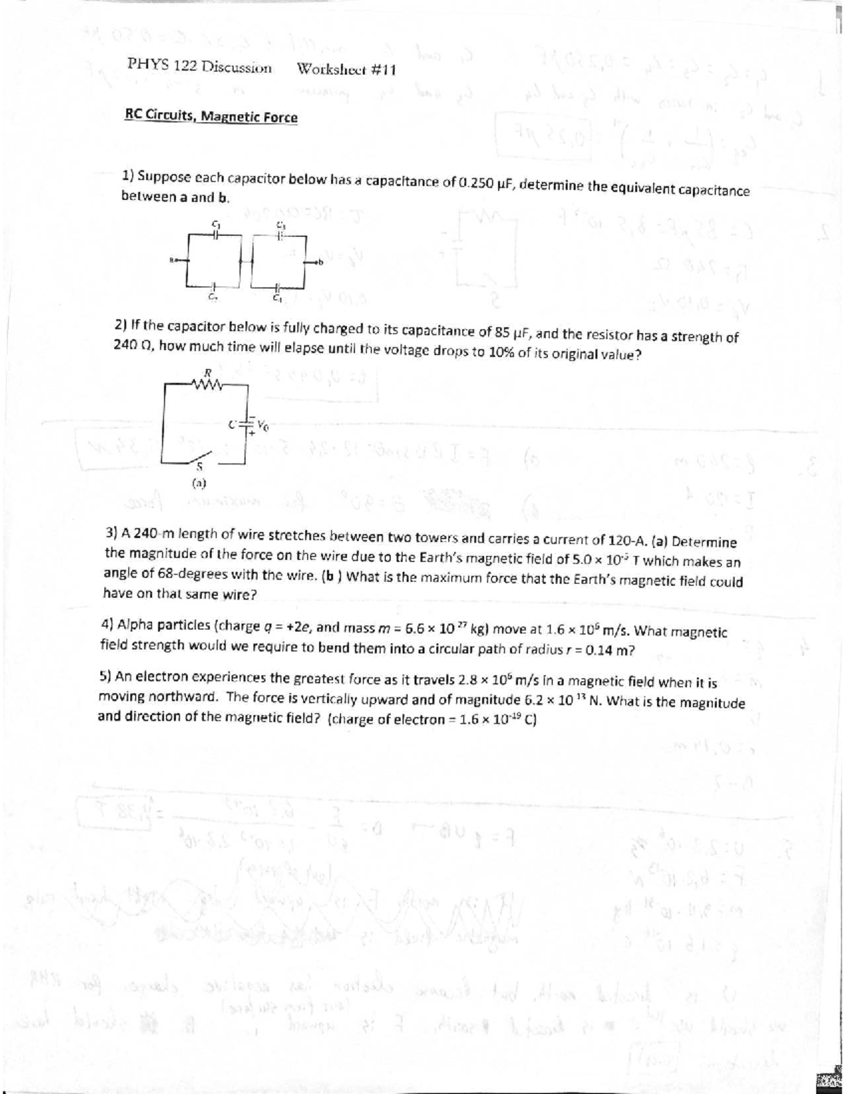 PHYS 122 Discussion Worksheet: RC Circuits & Magnetic Forces - Studocu