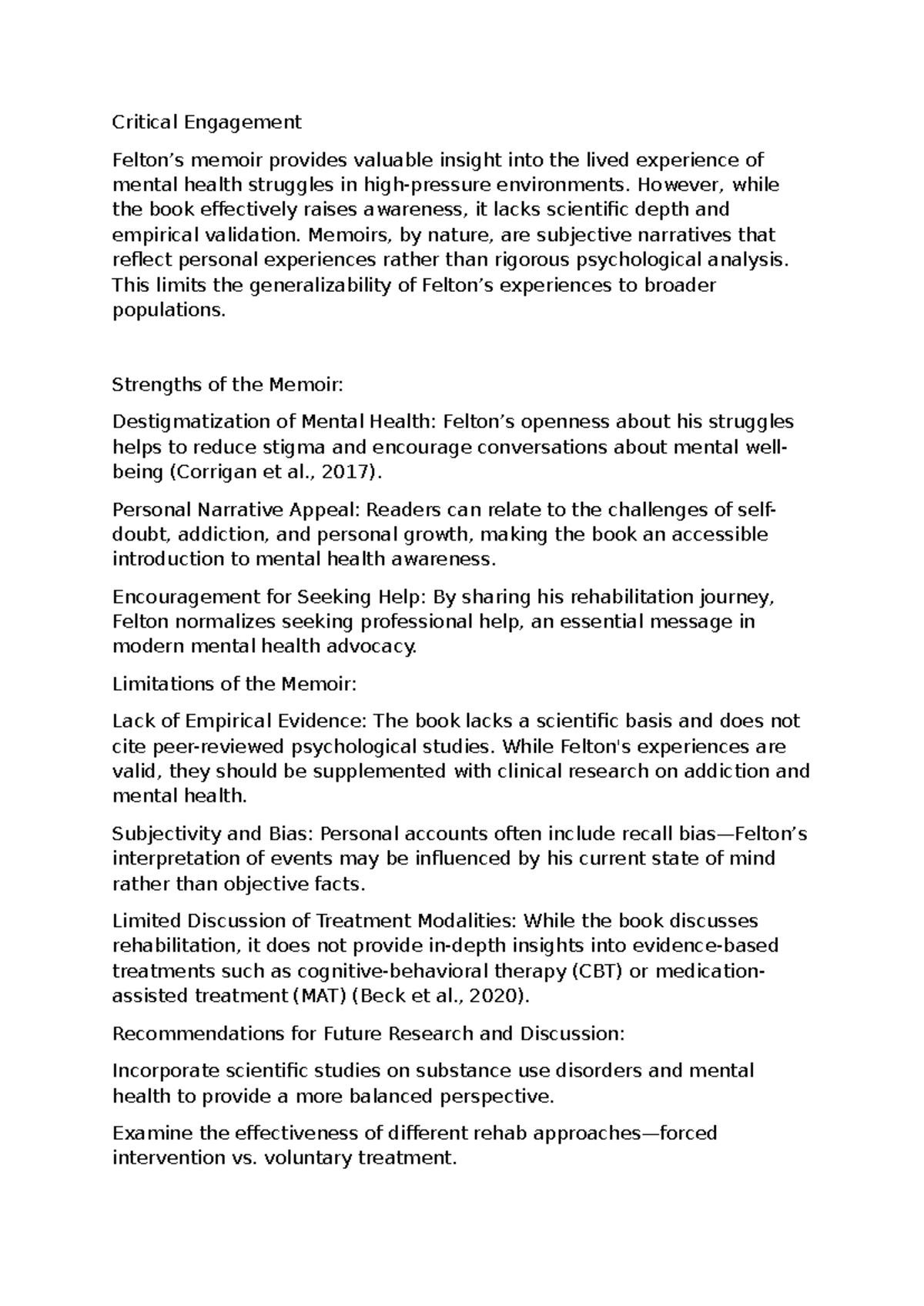 Critical Engagement: Analyzing Themes in Felton's Memoir on Mental ...
