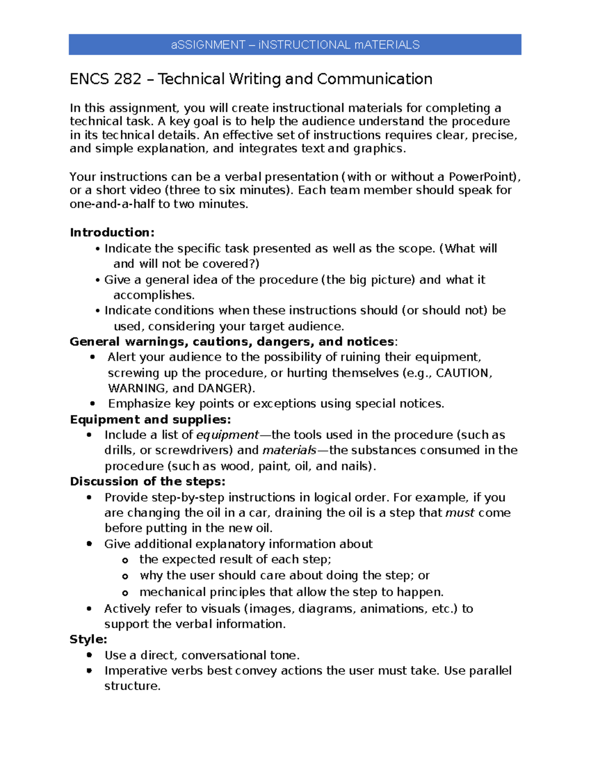 Assignment on Instructional Materials for ENCS 282 Technical Writing ...