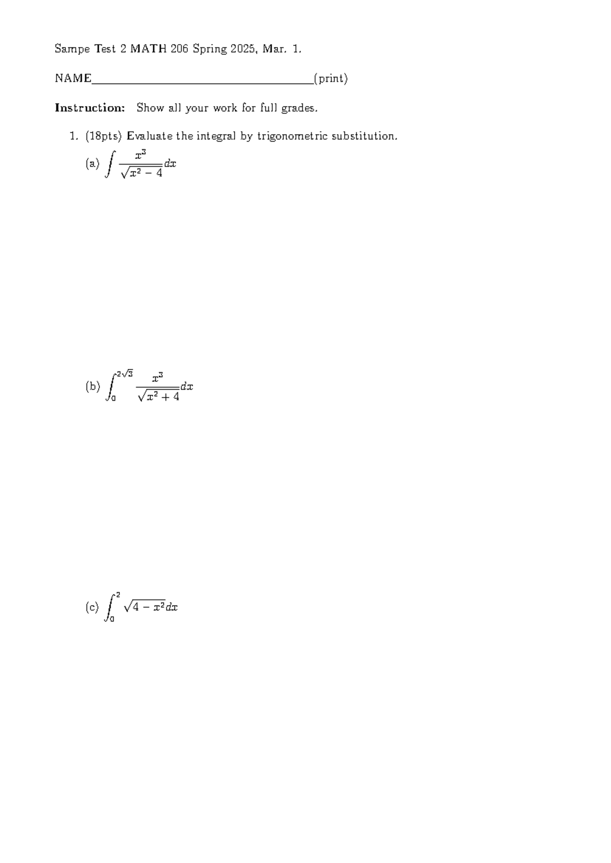 MATH 206 Spring 2025 - Sample Test 2 Exam 1 Review Guide - Studocu