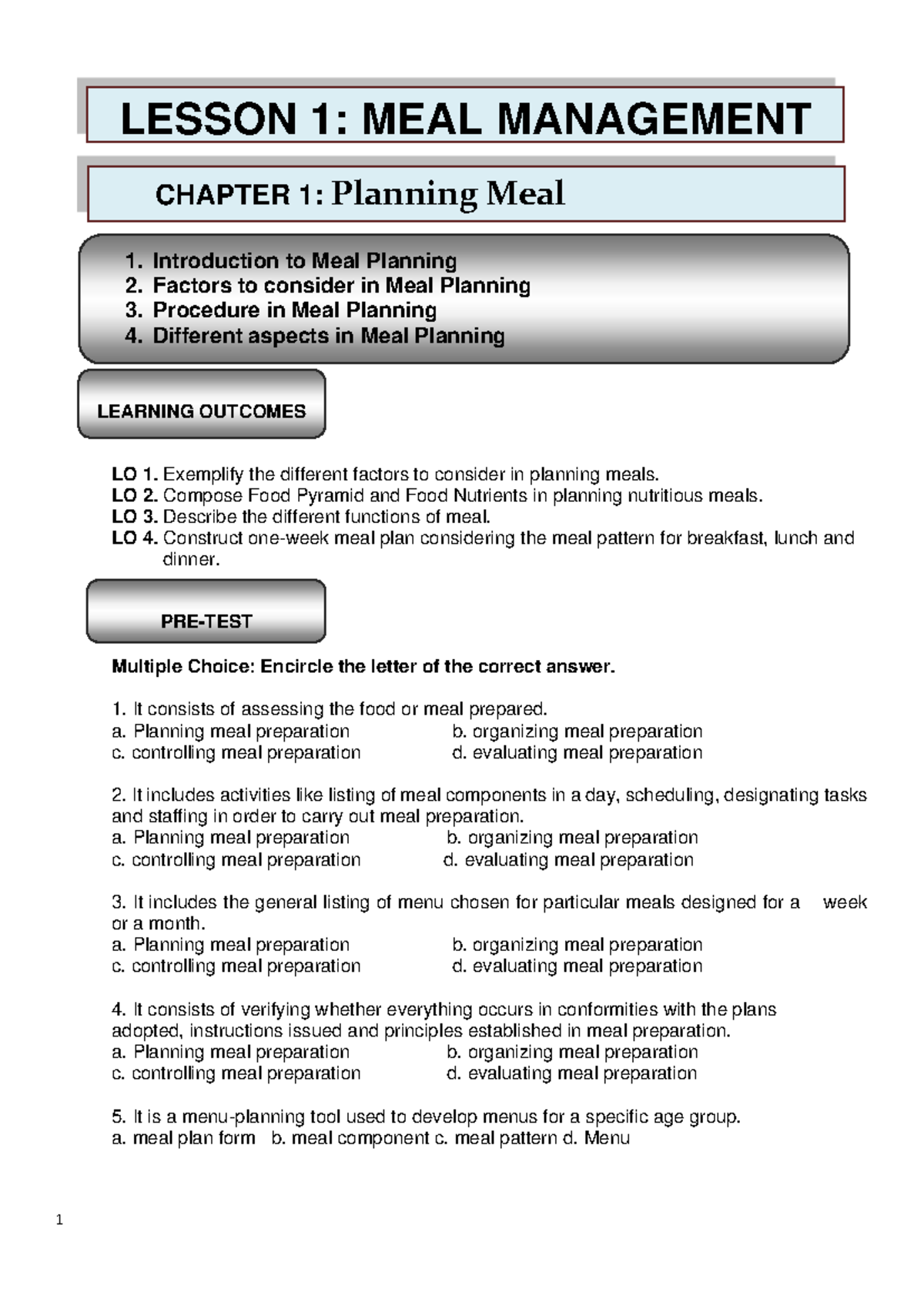MEAL MANAGEMENT: CHAPTER 1 - Planning and Organizing Meals - Studocu