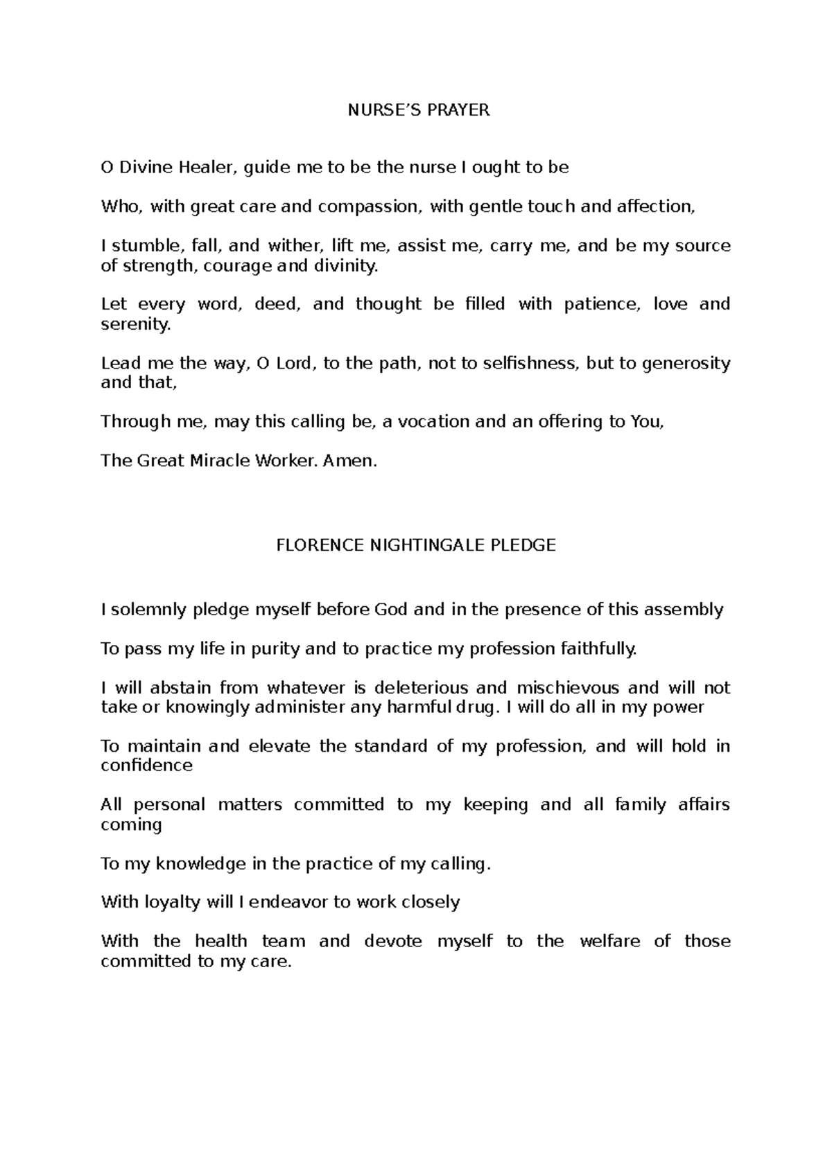 Nurses Prayer & Florence Nightingale Pledge: A Commitment to Care - Studocu