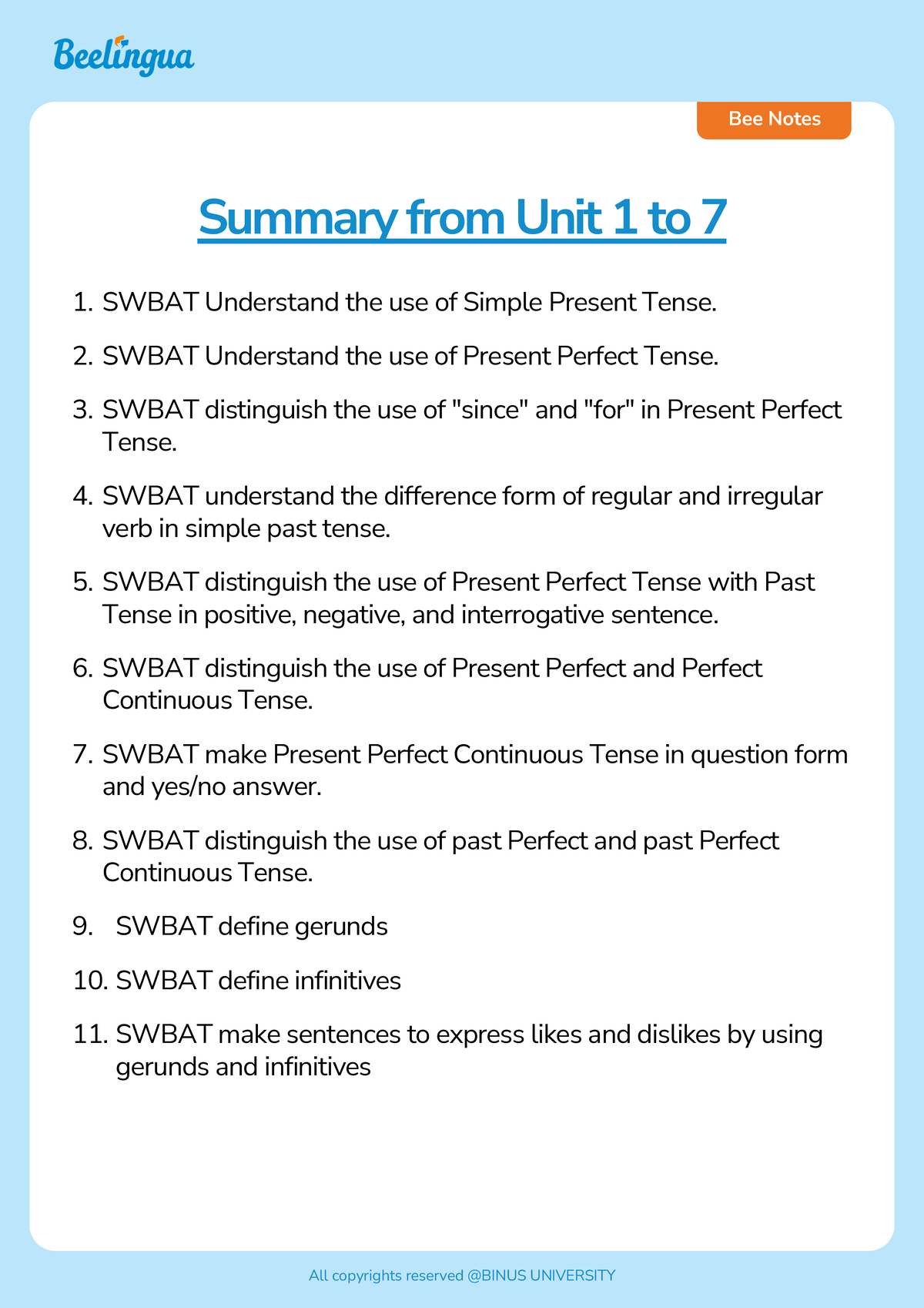 Bee Notes Summary: Tenses from Unit 1 to 7 (ENG 101) - Studocu