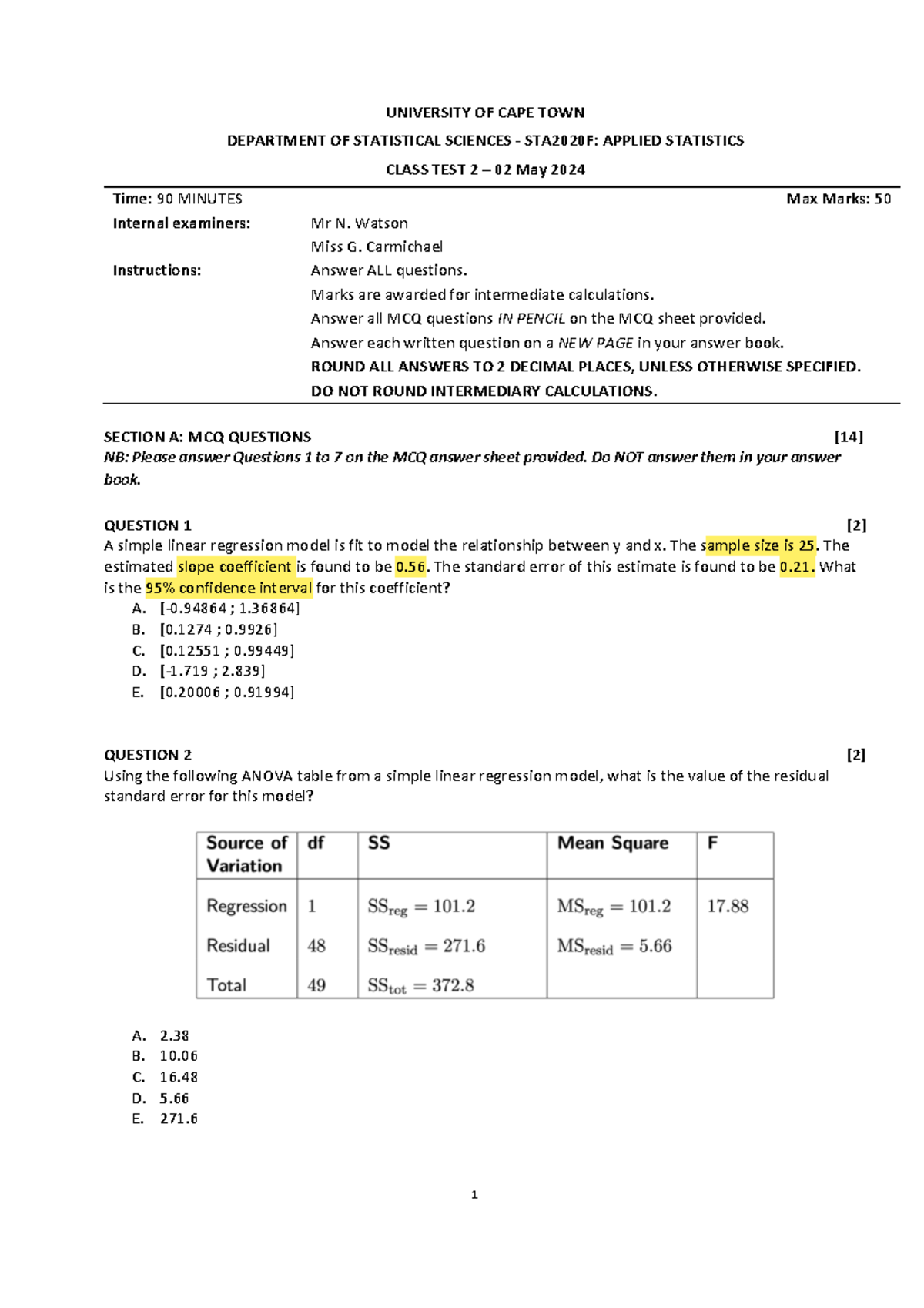 STA2020F: 2024 Applied Statistics Class Test 2 Guide - Studocu