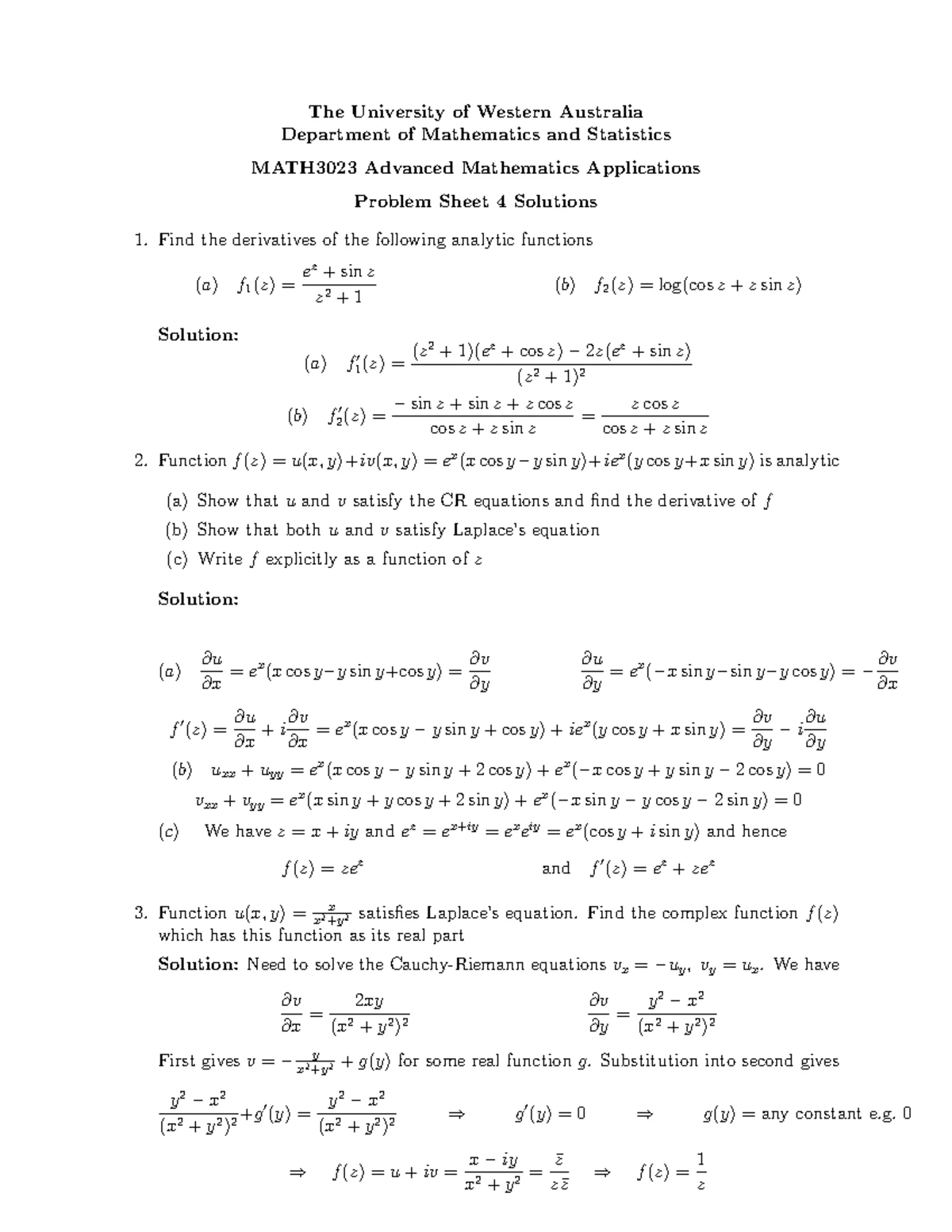 MATH3023 Advanced Math Applications - Problem Sheet 5 Solutions - Studocu