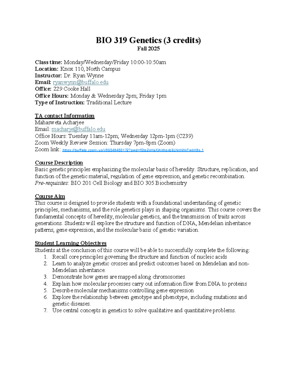 BIO 319 Genetics Syllabus - Fall 2025 Overview and Course Details - Studocu
