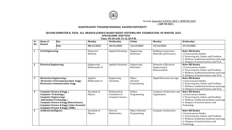 B.TECH. 2nd Sem NEP Winter 2025 Exam Schedule (Branches 489-503) - Studocu