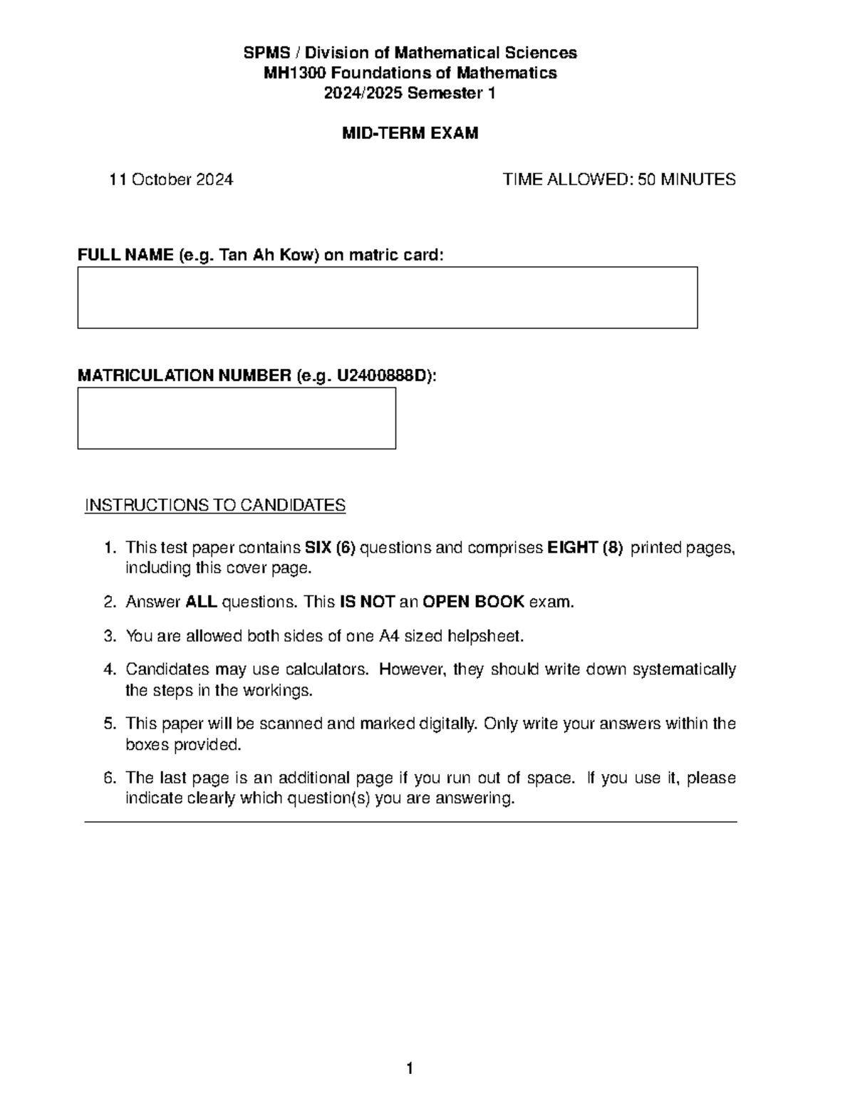 MH1300 Foundations of Mathematics Semester 1 Midterm Exam Questions ...
